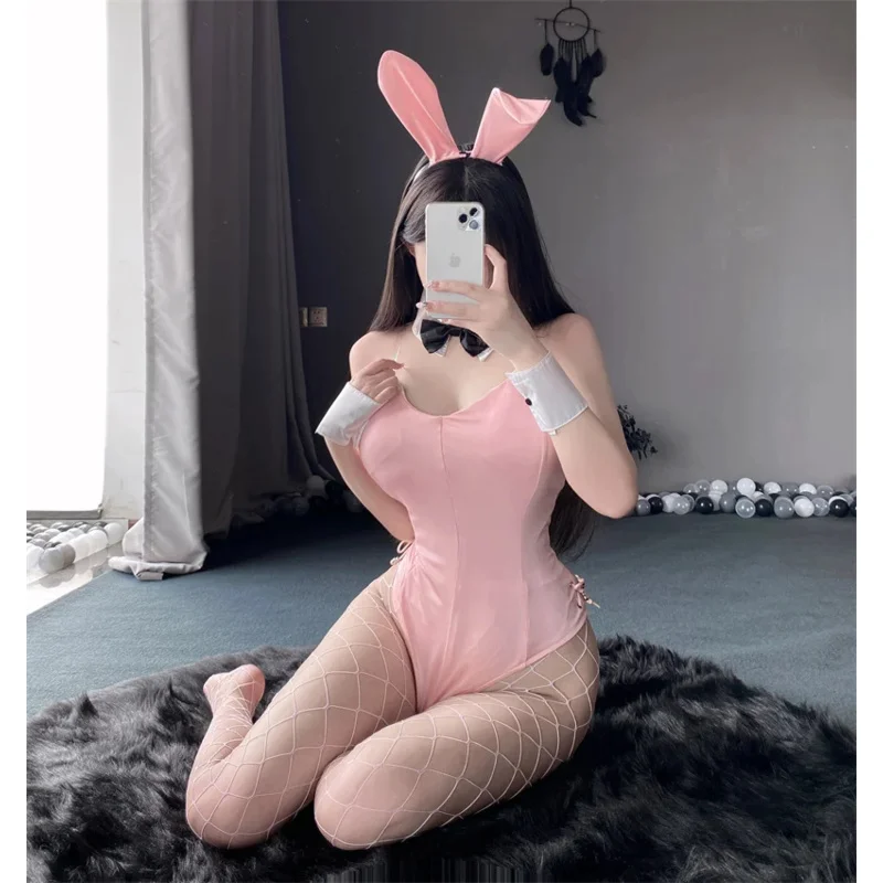 Sexy coelhinha de couro falso coelho uniforme para mulheres, tamanho grande rosa, fantasia de cosplay kawaii, fofo, coelhinho de uma peça, kawaii