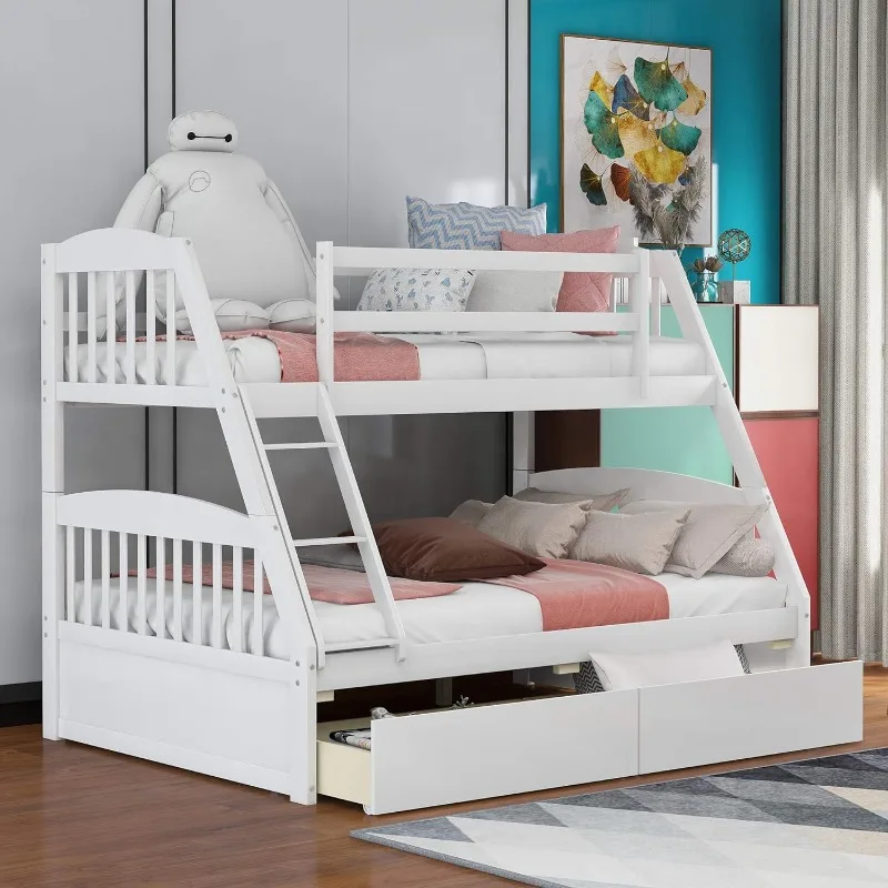 

Solid Wood Twin Over Full Bunk Bed with Two Storage Drawer, Removable Ladder and Safety Guardrail for Kids, Teens, Adults,