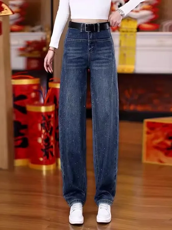 Spring 2026 High Waist Slimming Wide Leg Jeans Retro Blue Knife  Narrow Version Diamond Studded Washed out Design Sensation