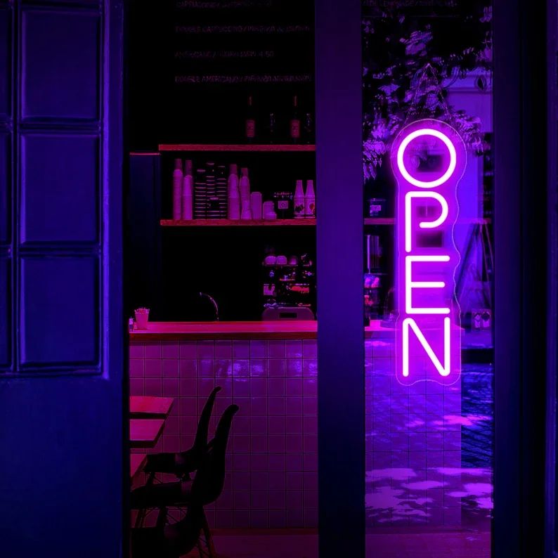 Open Neon Sign Vertical Open Signs Led Neon Light Business Signboard Led Lights Wall Decor for Restaurant Coffee Shop Front Sign