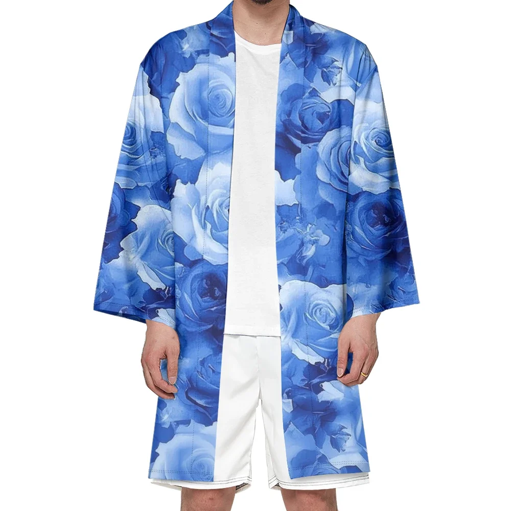 

Autumn Samurai Kimono Cosplay Japanese Fashion Long Kimono Unisex Cardigan Stylish Haori Vintage Kimonos Blue Flora Robe Yukata