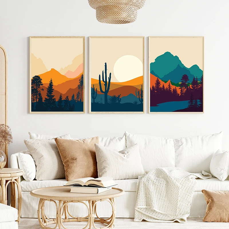 Mid-Century Modern Kunstdruck Sonne-Berg-Kunstposter Leinwandgemälde Skandinavische Wandkunst Wohnzimmer Natur Moderne Dekoration