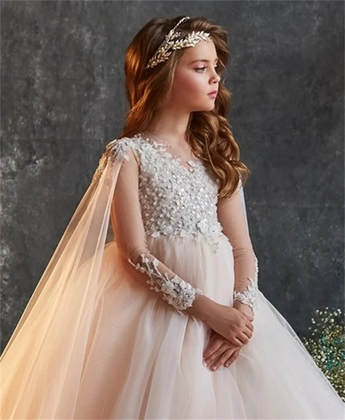 Champagne Fluffy Tulle Tail Long Sleeve Round Neck Flower Girl Dress Wedding Bridesmaid Birthday Supper Luxury Dress