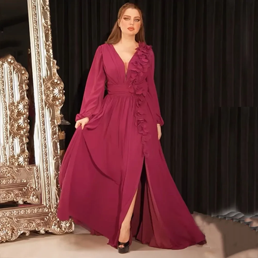 

Customized A-Line Side Split Simple Party Dresses V-Neck Chiffon Long Sleeve Sweep Train Evening Appliques Draped Sexy Prom Gown