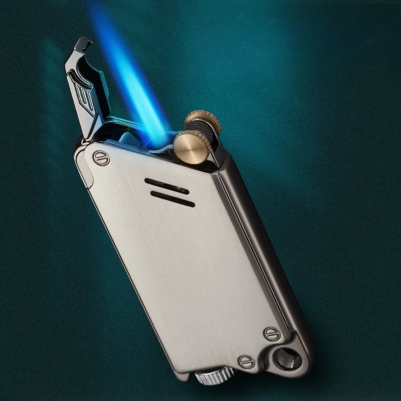 Electroplated Mechanical Style Direct Blue Flame Lighter, Outdoor Windproof and Waterproof Inflatable Butane Cigarette Lighter