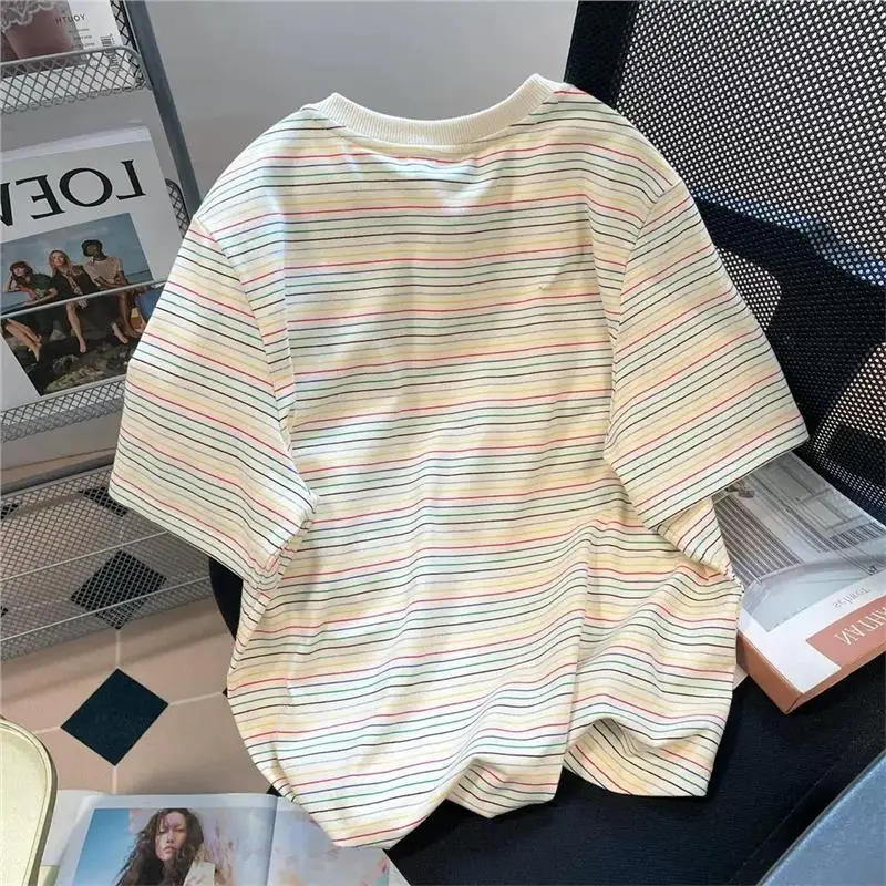 ルーズフィットレインボーストライプ半袖Tシャツ2300ポンドプラスサイズ韓国スタイル夏新着スリミングドーパミントップ
