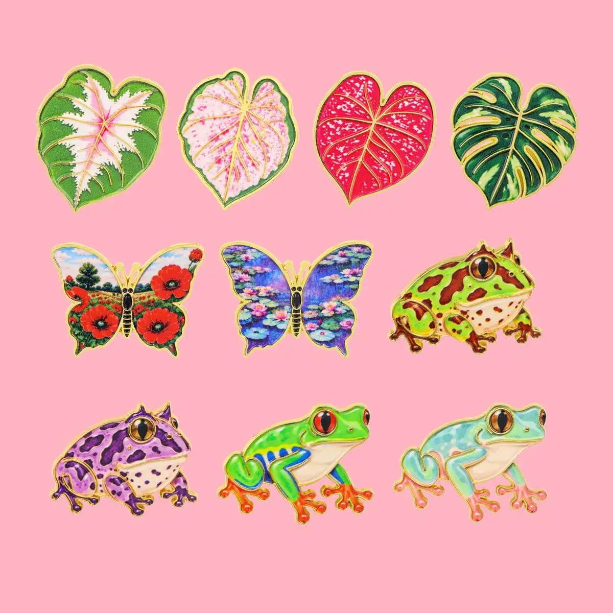 Tropical Rainforest Frog Brooch Butterfly Leaf Metal Enamel Pins Badge on Backpack Clothing Accessories Jewelry Gift for Friends