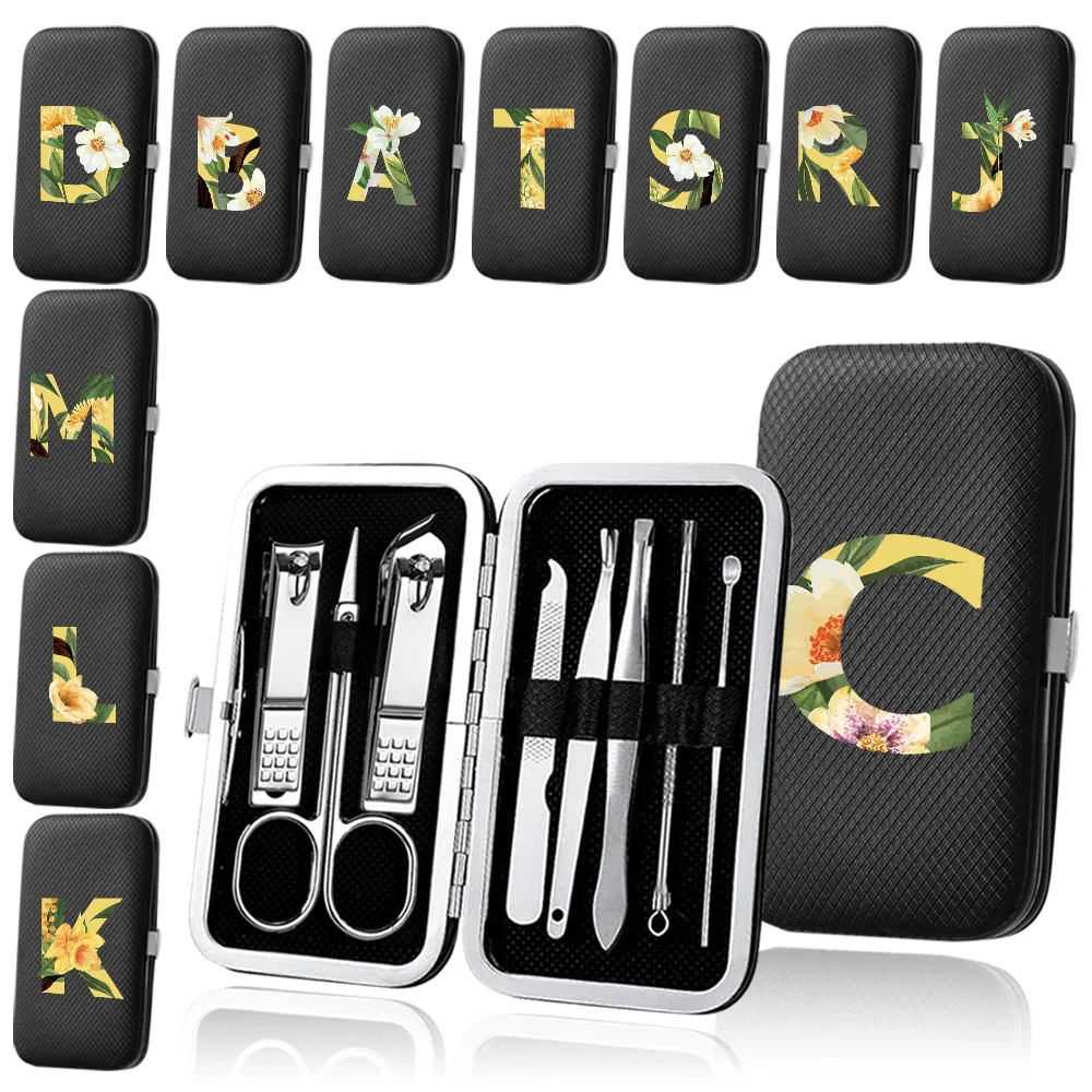 8Pcs Portable Manicure Set Stainless Steel Pedicure Tool Nail Clippers Kit Pocket Nail Cutters Organizer Floral Letter Pattern