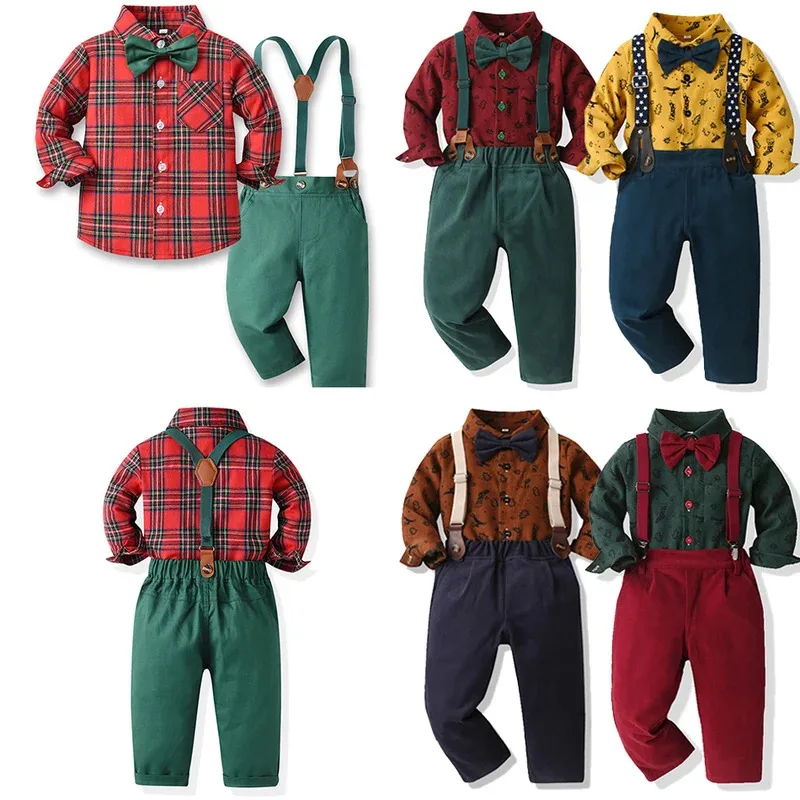 

New Toddler Autumn Winter Long Sleeves Plaid Shirt Rompers Boys Christmas Party Bow Tie Costume Festival Event Formal Kid Outfit