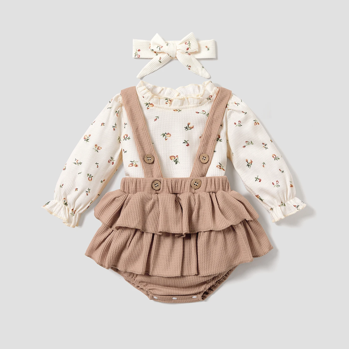 PatPat 3pcs Baby Floral Print Long-sleeve Top and Ruffle Suspender Skirted Shorts Set Perfect for Outings and Daily Wear