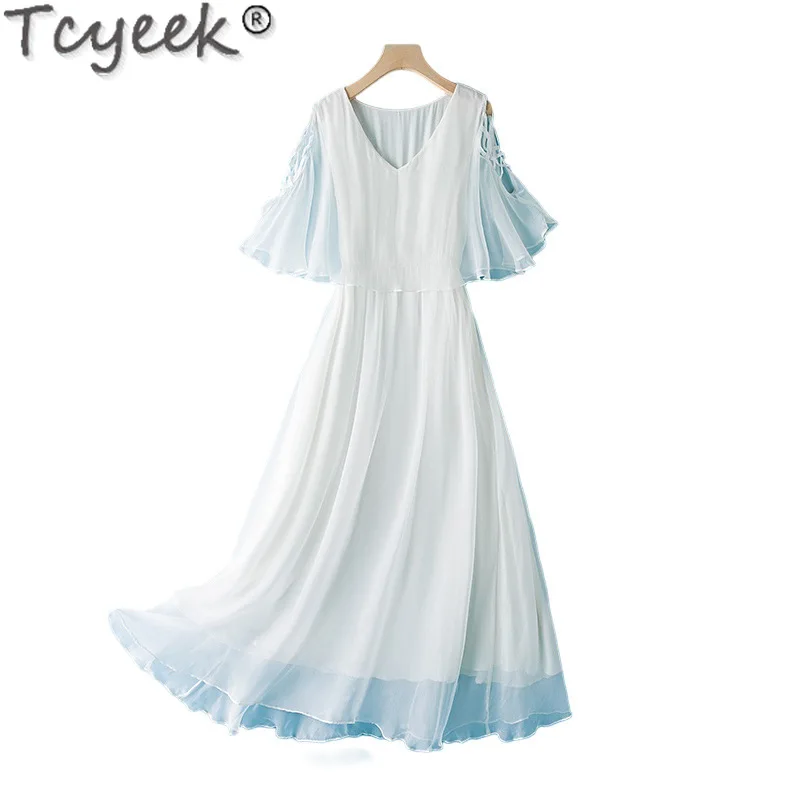 Tcyeek-Vestido De playa De seda De morera auténtica para Mujer, ropa elegante y bonita De verano, 100%