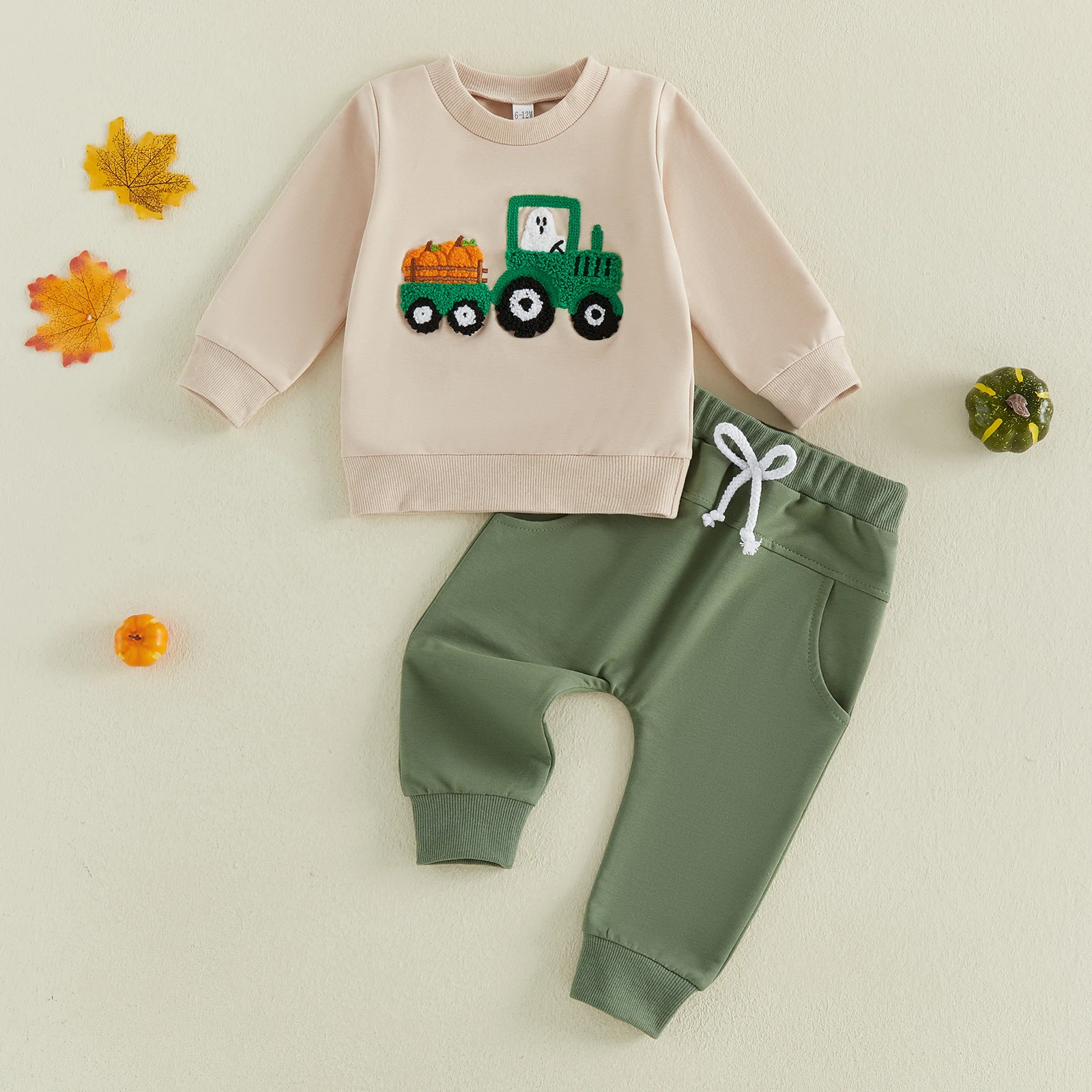 Boys 2Pcs Halloween Outfits Long Sleeve O Neck Tractor Ghost Pumpkin Print Sweatshirt Drawstring Pants Sets