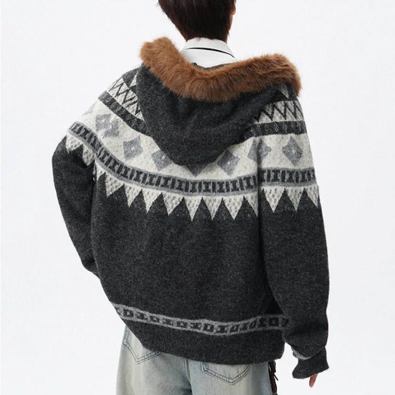 

Негабаритный вязаный свитер Fair Isle, воротник из искусственного меха, пара унисекс, зимний теплый темно-серый абрикос ​