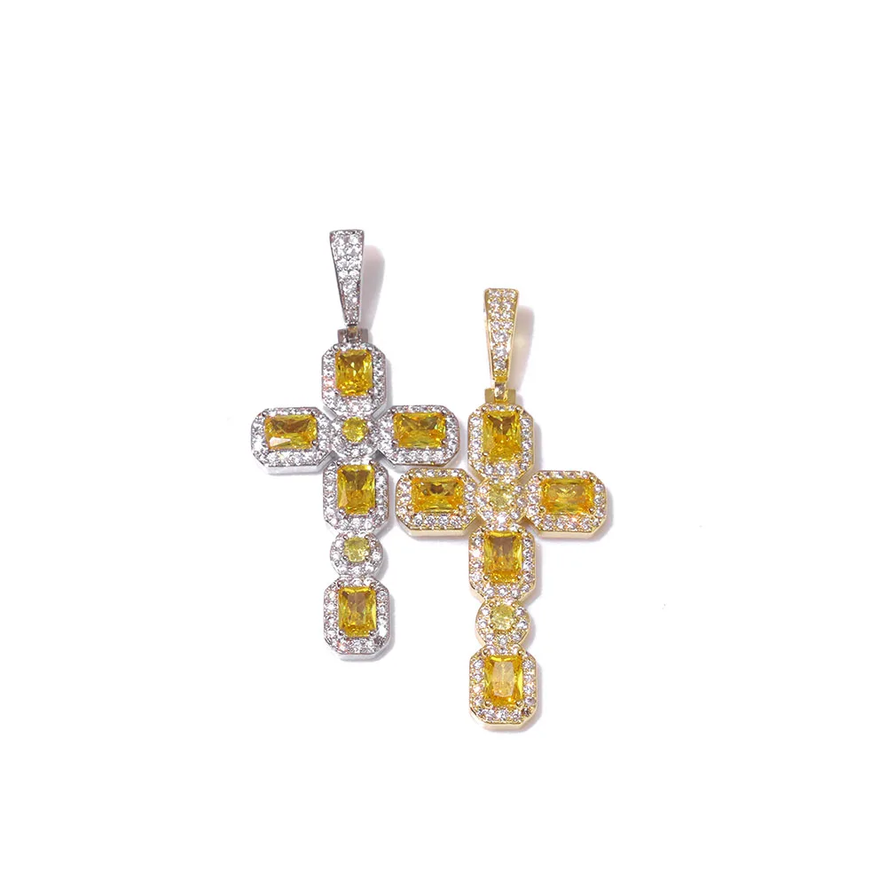 

Hip Hop Cross Necklace Pendant Yellow AAAAA Zircon Stainless Steel Cuban Chain Rap Singer Rock Zircon Jewelry