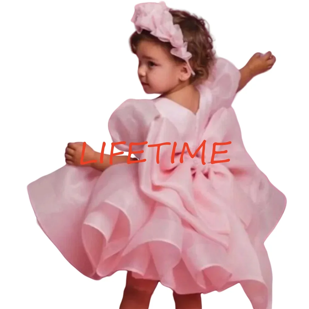 

Customized Puffy Flower Girl Dress For Wedding Light Pink Short Sleeves With Bow Princess Birthday Party First Communion Ball Go