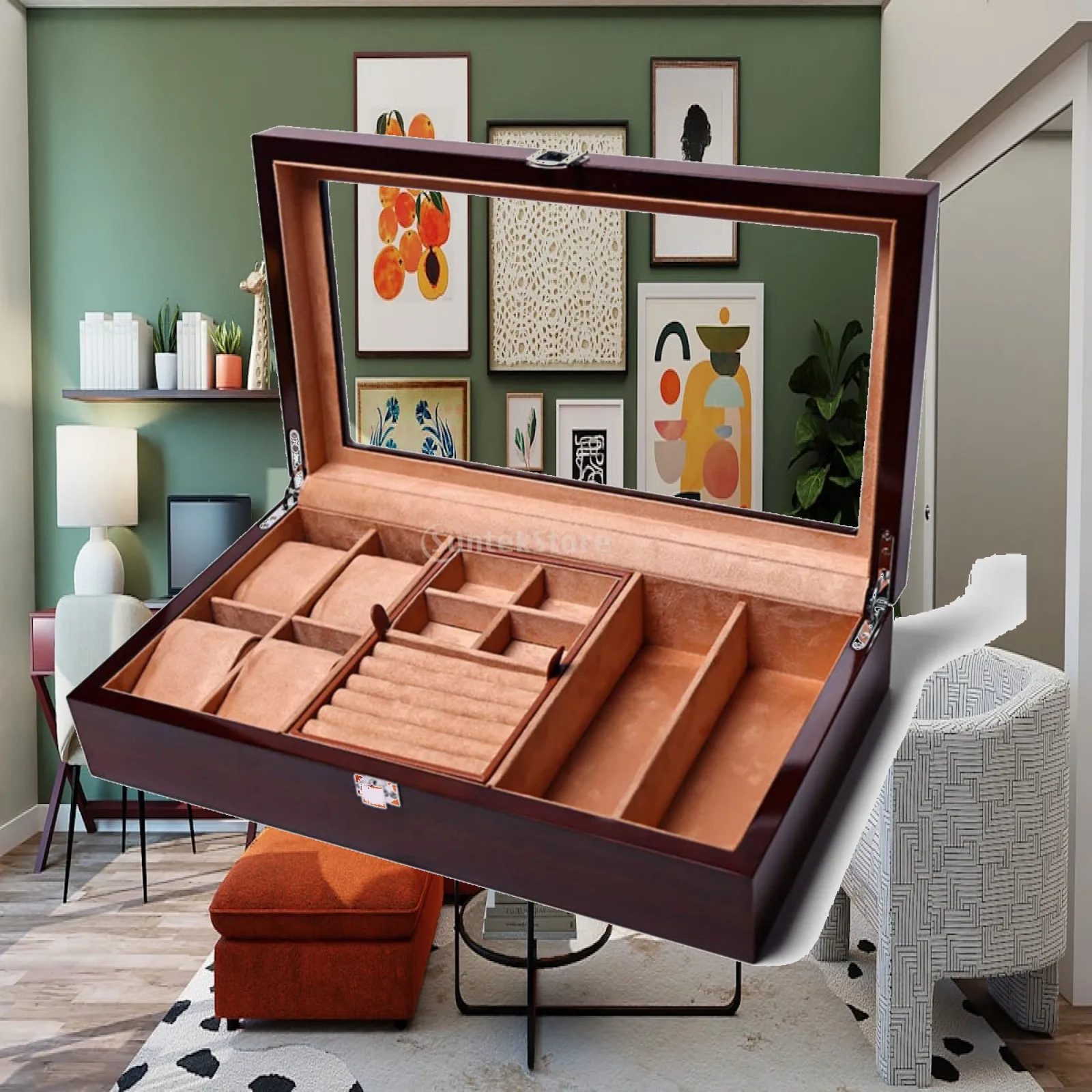 Wooden Watch Storage Case with Glass Display Lid Jewelry Organizer Box for Men Women Accessory Holder