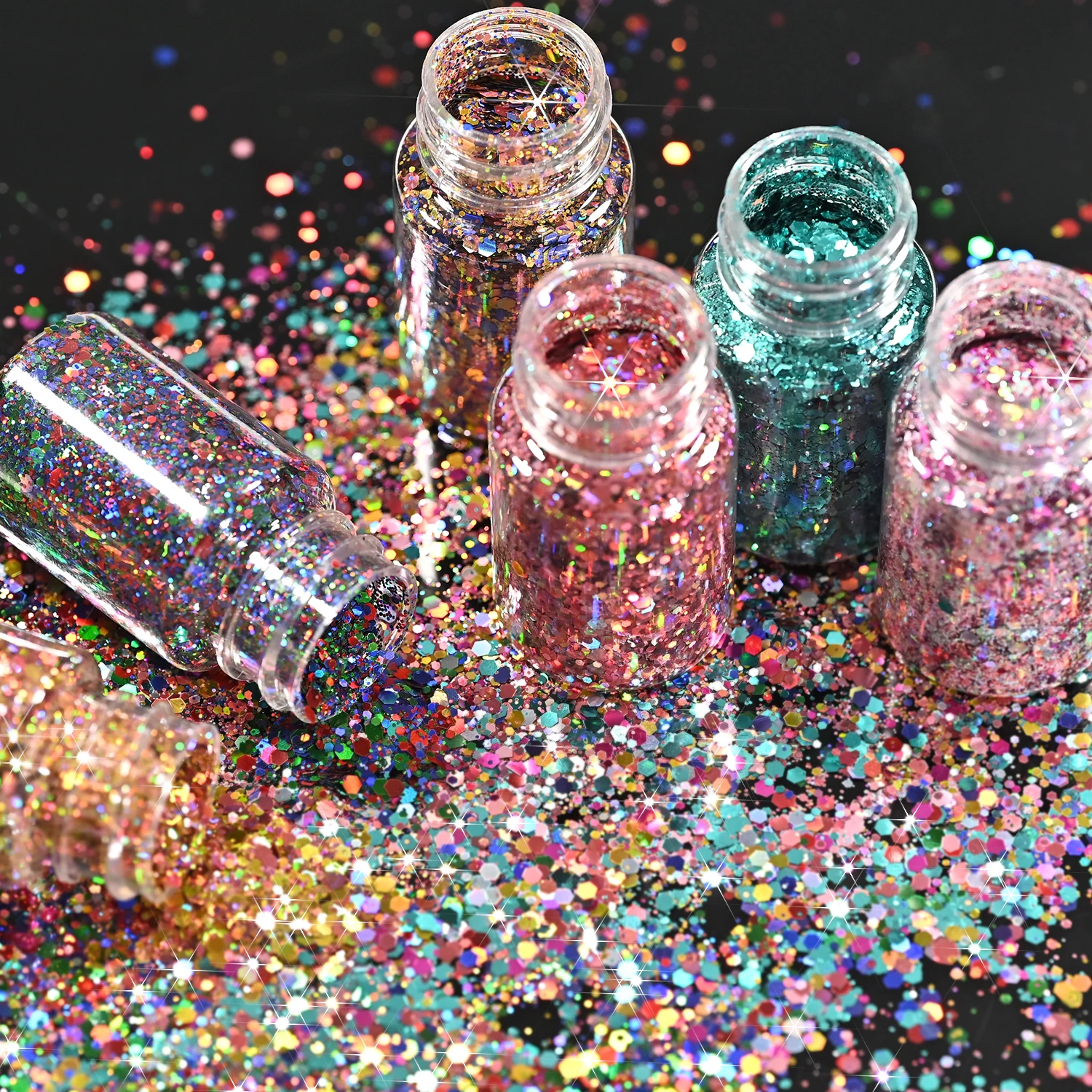 

6 Bottles Laser Hexagon Glitter Nail Art Sequins Holographic 3D Chunky Glitter Flakes Design Nail Powder Shiny Nail Decoration