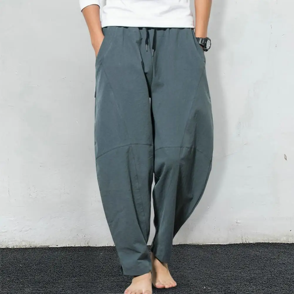 

Fashion Men Oversized Linen Wide Pants Spring Autumn Koreon Vintage Streetwear Male Elastic Waist Casual Big Size Solid Trousers