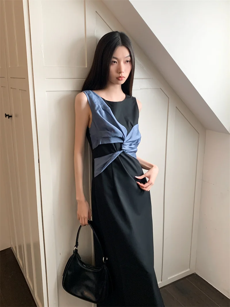 CHEERART Kink Patchwork Black Maxi Dress For Women 2023 Summer Sleeveless Tunics A Line Long Tank Dress Luxury Designer Clothes