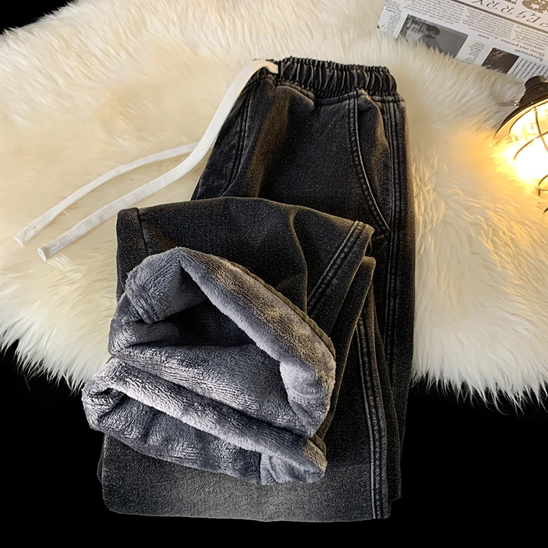 Korean Men's Winter Thick Jeans Fashionable Street Loose Straight Fleece Wide-leg Pants Elastic Waist Strap Velvet Warm Trousers