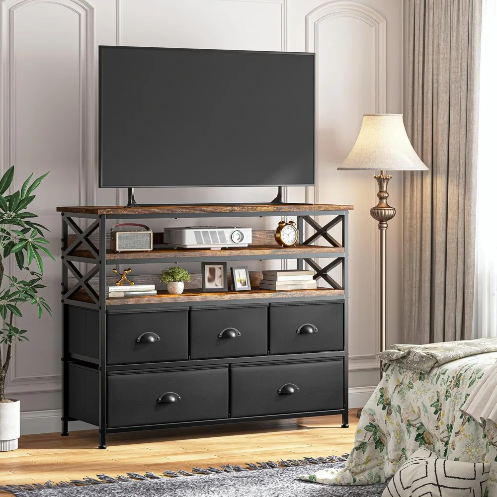 

Black Dresser TV Stand for 50" TV, Sturdy Dresser for Bedroom with 3 Wood Open Shelves and 5 Fabric Drawers, Dressers & Chest of