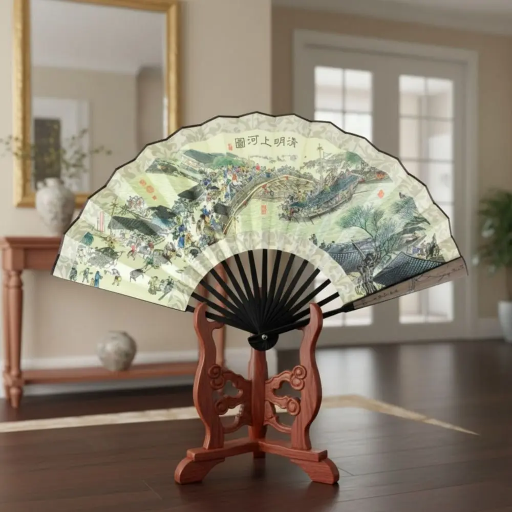 Laser Carved Handle Chinese Traditional Folding Fan Large Size Hand Held Ancient Painting Hand Fan Classical Man Silk Fan Gift