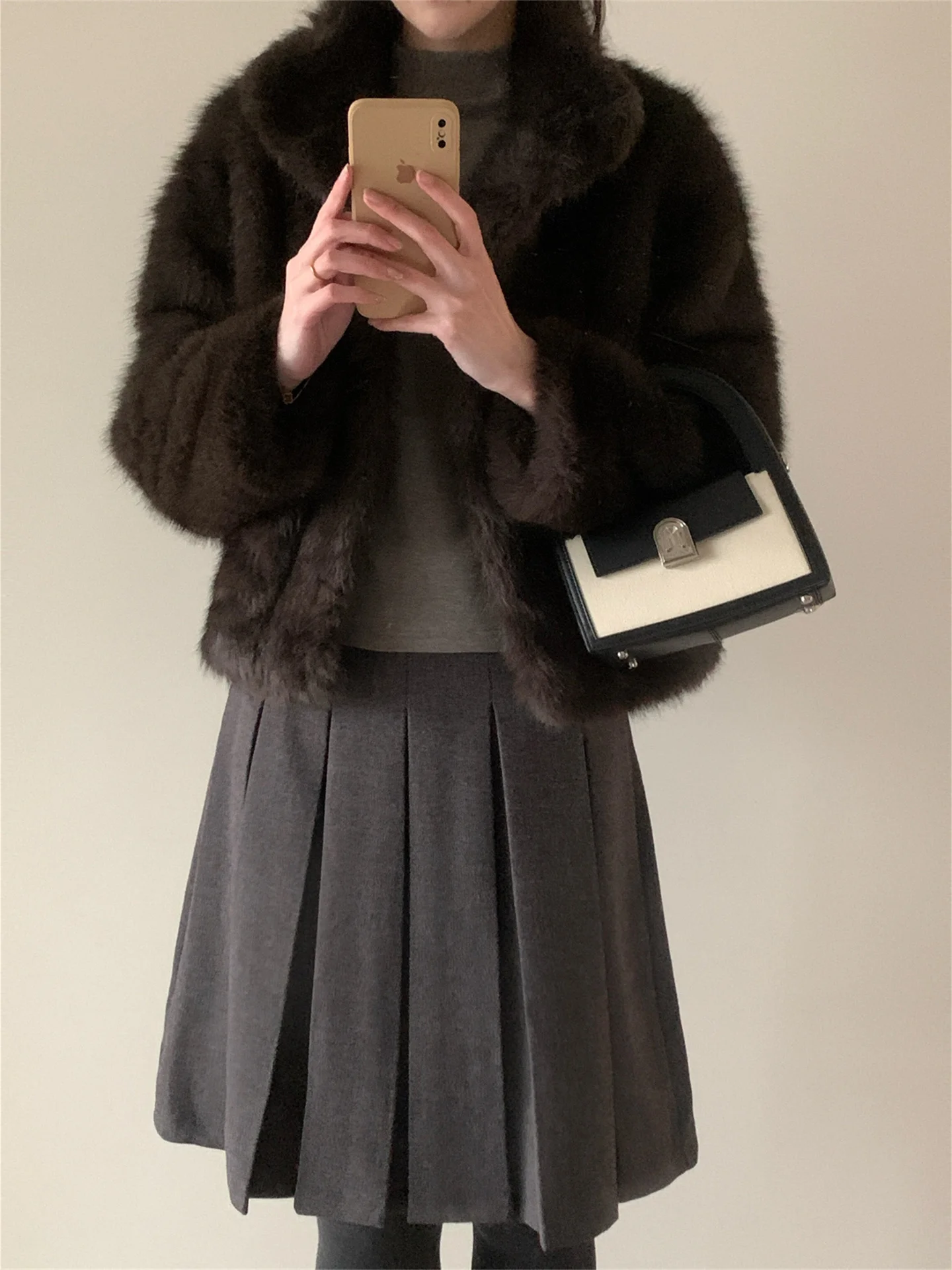 BANA Brown Faux Fur Jacket Women's Short Coat Warmth Collar Autumn Winter Outerwear Youth Standard Fit Long Sleeve Dark Color