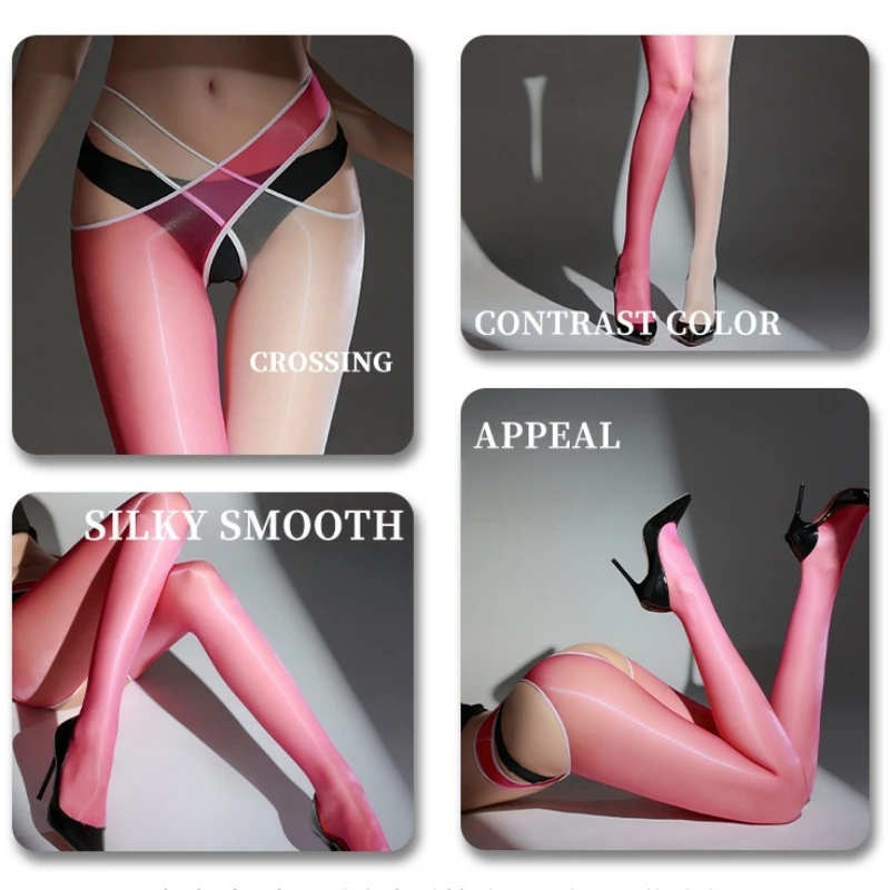 1D Ultra Thin Transparent Cross Thigh High Stockings Women Sexy Oil Shiny Crotchless Pantyhose Hot Pole Dance Clubwear