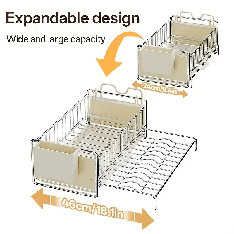 Expandable Kitchen Countertop Dish Rack with Cup Holder, Utensil Organizer and Cutting Board Stand, Sink Side Drying Rack