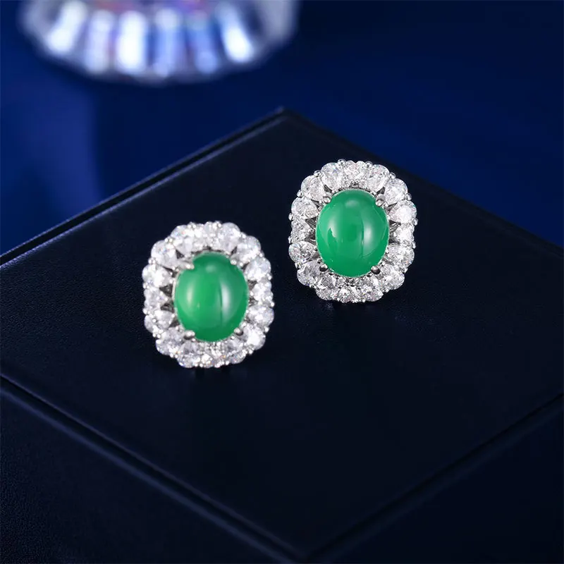 Summer New Chinese Style Temperament Earring Light Luxury Retro Natural Ice Jade Pulp Female Oval Stud Earrings Daily Jewelry