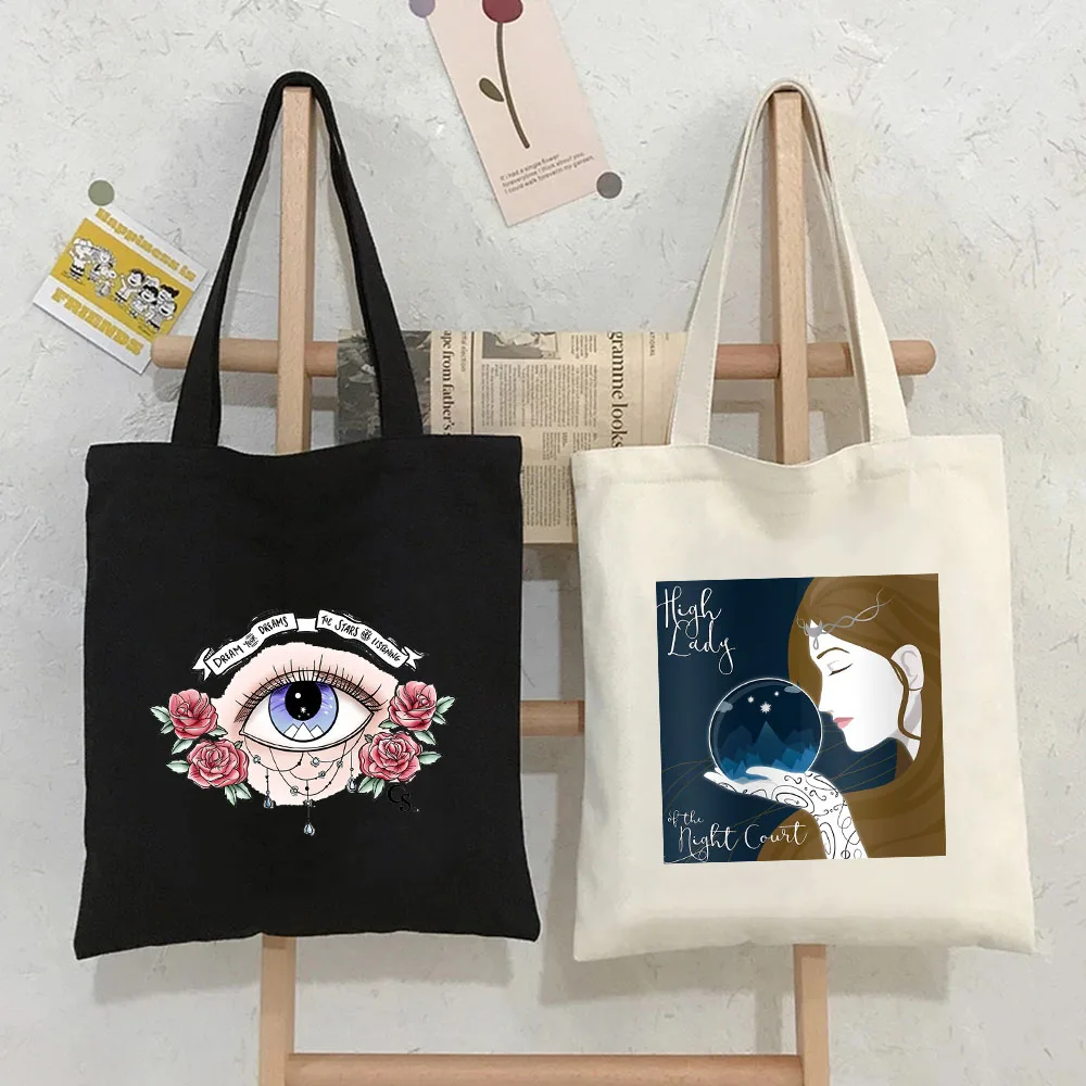 A Court Of Mist And Fury Thorns Roses Sky Star Women Canvas Shoulder School Messenger Tote Bag Handbag Cotton Black Shopping Bag