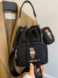 Trendy Bear Women's Crossbody Bag Single Shoulder Nylon Handbag Casual Bucket Bag Fashionable New 2026 Handbag for Youth