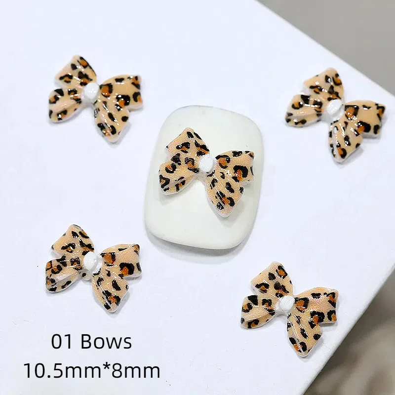 20 piezas con estampado de leopardo, lazo de cinta, abalorios de resina para uñas, accesorios de estilo de lazo Kawaii para suministros de diseño artístico de uñas DIY