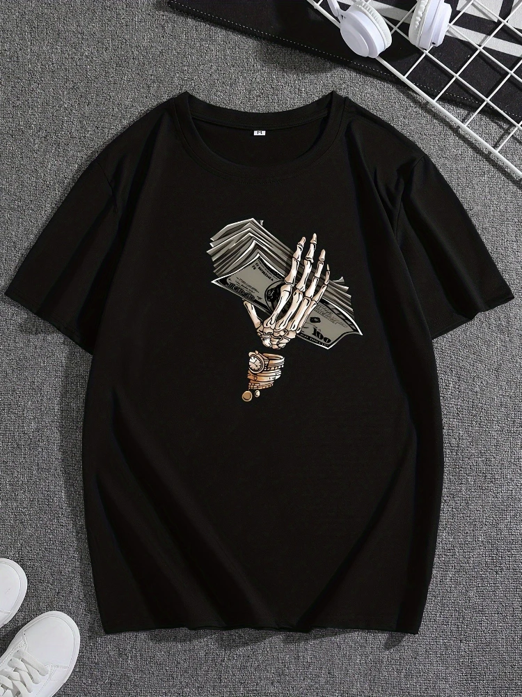 

Skeleton Hand And Dollar pattern -100% cotton summer short-sleeved O-neck men's printed T-shirt.