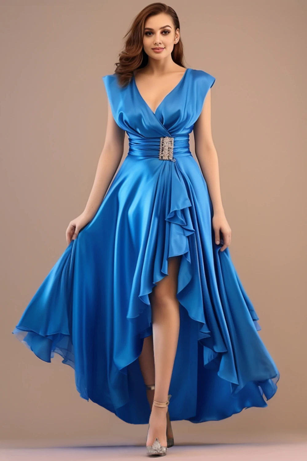 

Women's Wedding Guest Royal Blue Satin Cap Sleeve Asymmetrical Maxi Dress V Neck Elegant Long Dresses