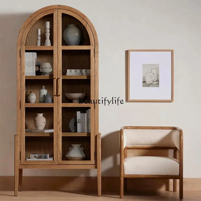 

French antique dining side cabinet arched display storage retro solid wood aisle wine cabinet