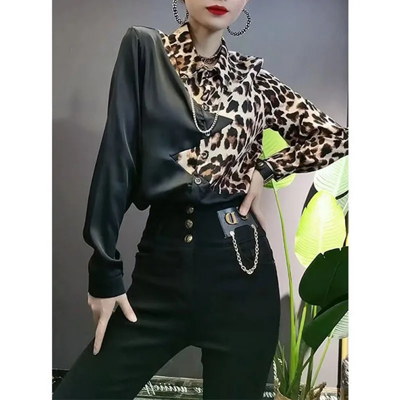 2024 Women\'s New Spring Autumn Polo-Neck Button Long Sleeve Fashion Slim Versatile Leopard Print Patchwork Commuter Shirt Tops