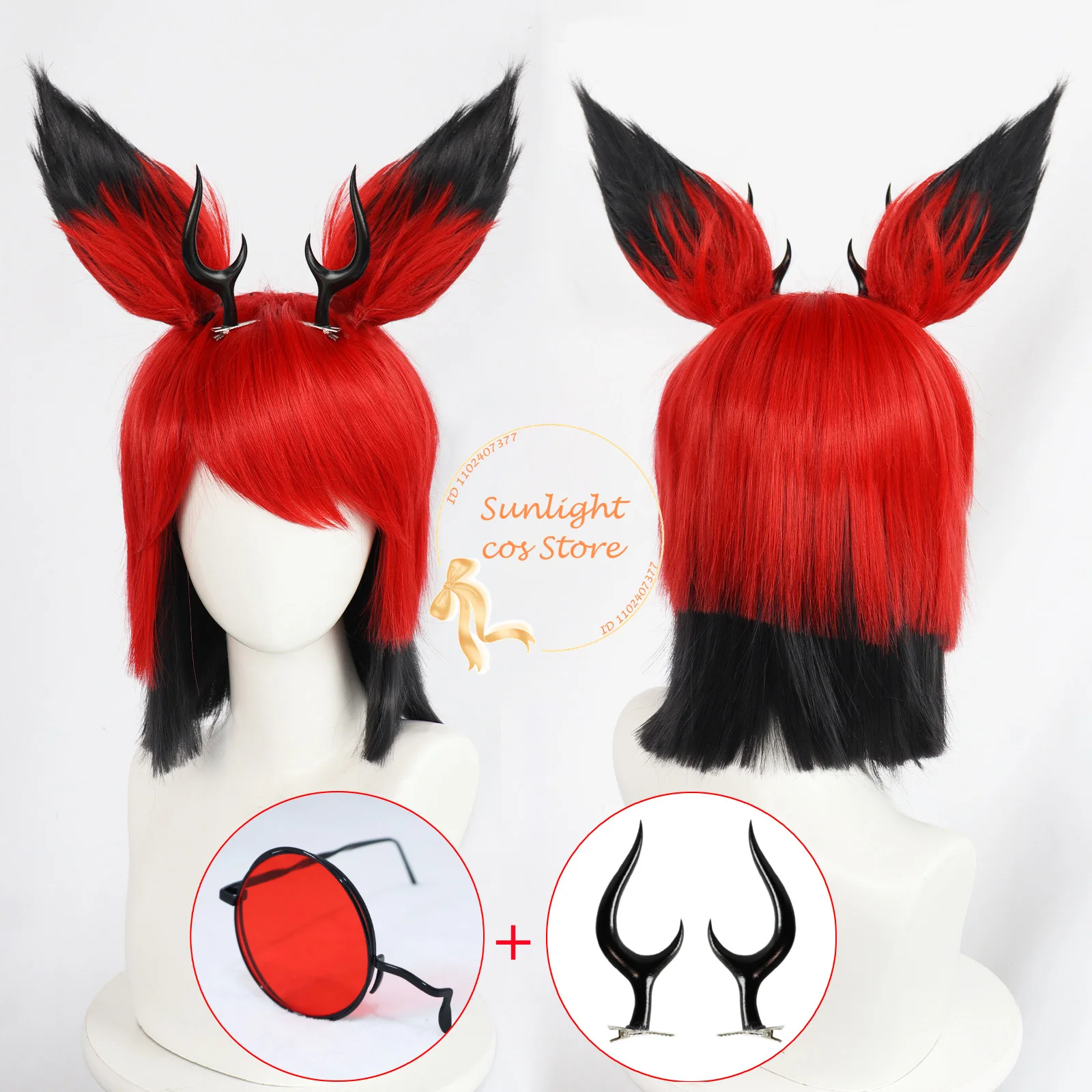 Hotel Alastor Cosplay Wig Red Black Short Wigs Alastor Anime Wig Ear Heat Resistant Synthetic Hair Halloween Wigs + Wig Cap