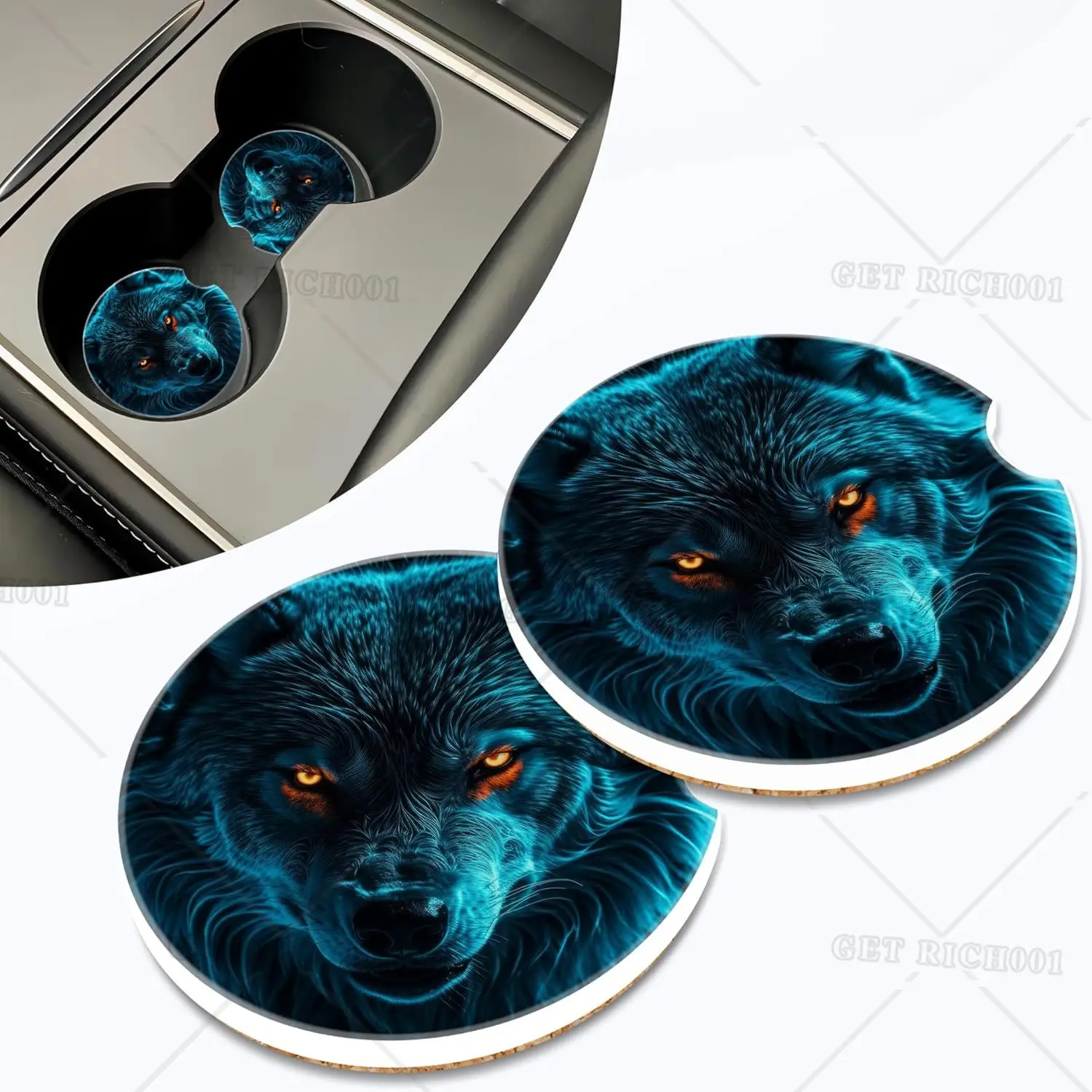 2Pcs Car Coasters for Cup Holder Neon Blue Wolf Cup Holder Coasters Anti Slip Car Coaster with Finger Notch and Cork Base