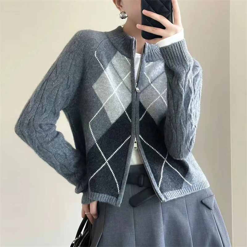 Women Cable 100% Merino Wool Cardigan Blocking Color Mock Neck Diamond Pattern Zipper Autumn Winter Clothing Comfortable Top