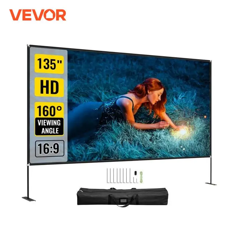 VEVOR 90 100 135 Inch Projector Screen W/ Stand 16:9 4K HD Wide Angle W/ Storage Bag Portable Movie Screen Cinema for Outdoor