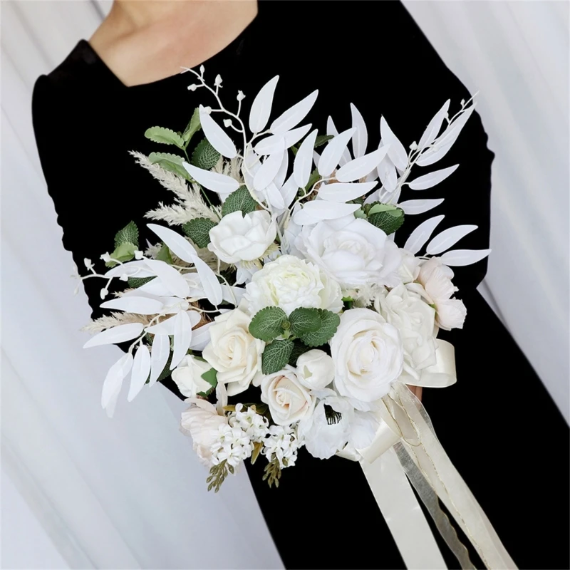 

Wedding Bouquets with Ribbon, White Artificial Flower Bridesmaids Bouquets for Wedding, Ceremony, Anniversary Valentines