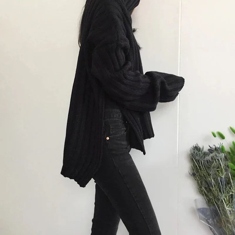 Otoño/Invierno coreano suelto Pit Stripe Slit suéter Casual cuello alto manga larga Jersey de punto elegante Color sólido Top de punto