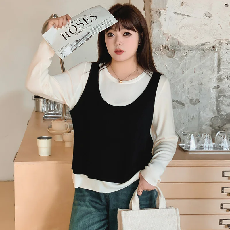 Plus Size Women Fake Two-piece Tops Knitting Round Neck Contrasting Spring Voluptuous Girls Slimming Long Sleeves Black Tshirts