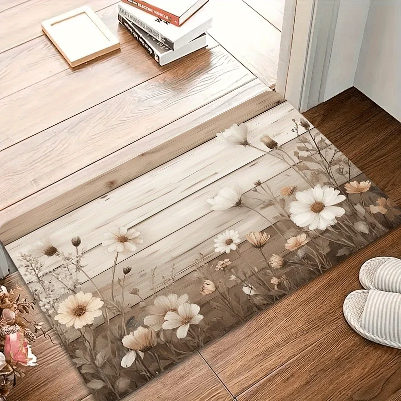 Farmhouse Floral Floor Mat Retro Plank Background with Dried Chamomile Print Rug Gentle Neutral Tone Household Decor Pad（