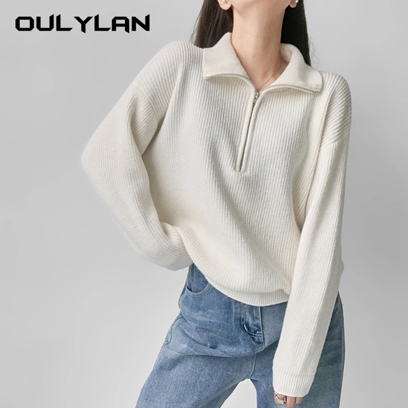 

Korean Style Zipper Half Open Collar Sweater for Women Autumn Winter Simple Long Sleeved Knitting Cardigan Women Coats Pullovers