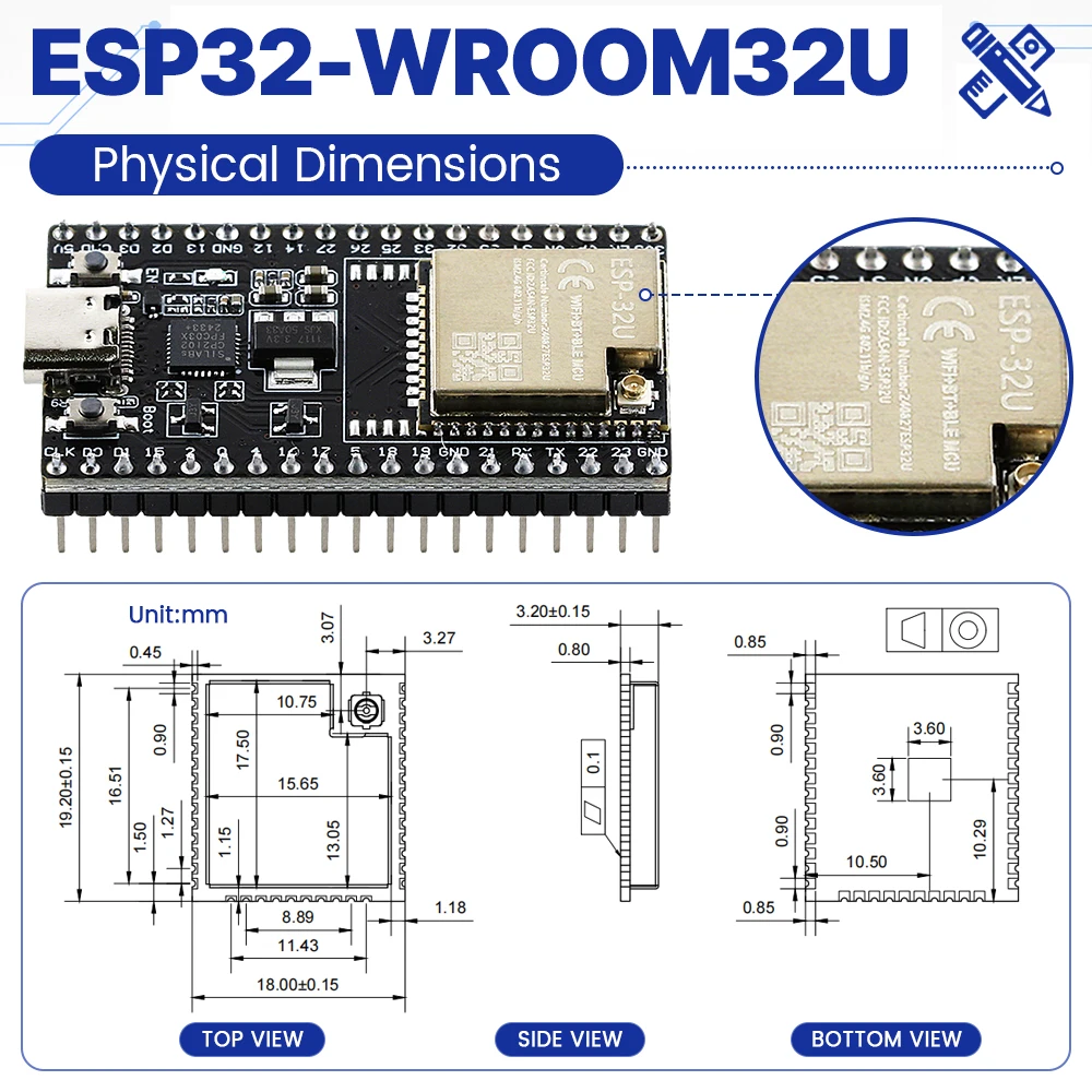ESP32-32U Entwicklungsboard Erweiterungsplatinen-Kit ESP32-32U BT WLAN-Modul Typ-C 38PIN CP2102 ESP32-DevKitC – Detail 5