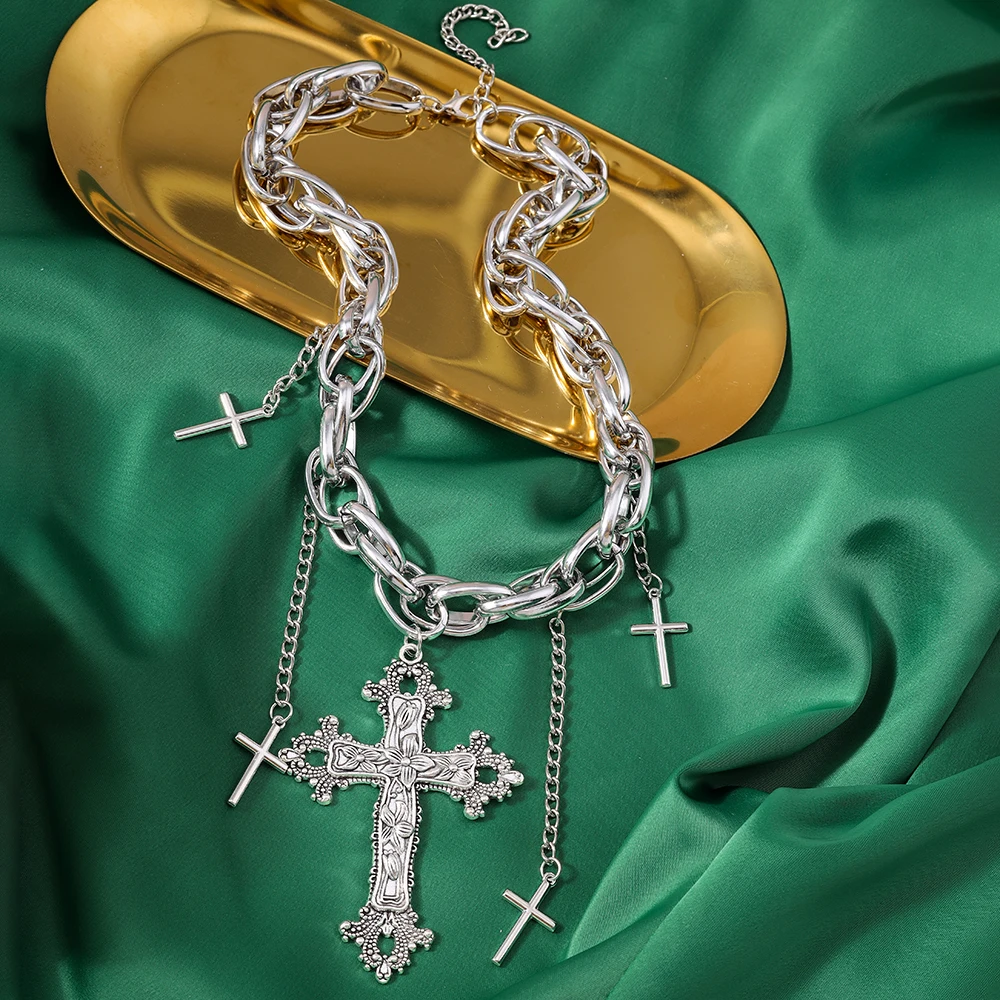 Aihua Goth Streetwear Grunge Big Cross Anhänger Halsketten für Frauen Männer Hals Kette Indie Schmuck Auf Den Hals E Mädchen Halsband – Detail 5