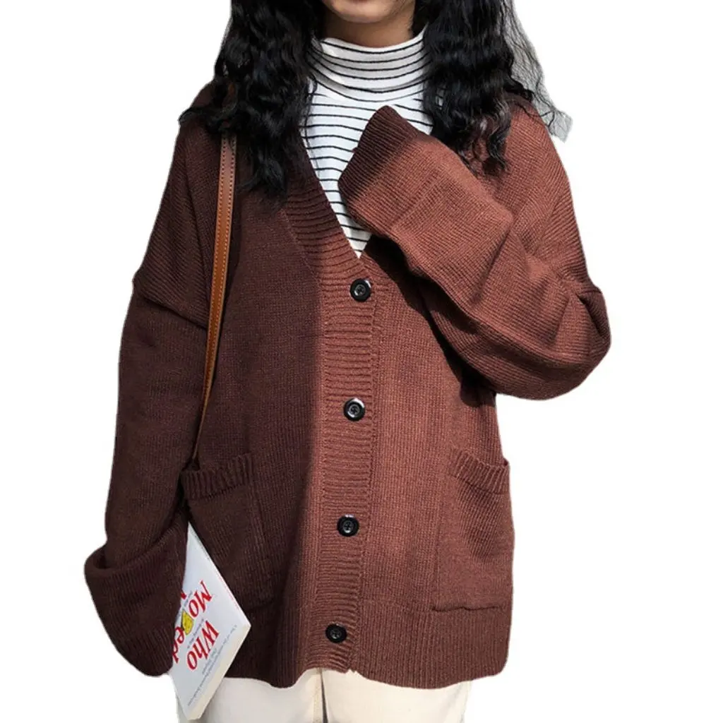 

Women's Lazy Style Knitted Cardigan V Neck Sweater Pure Color Flap Pocket Pants Loose Fit Autumn Winter Jacket