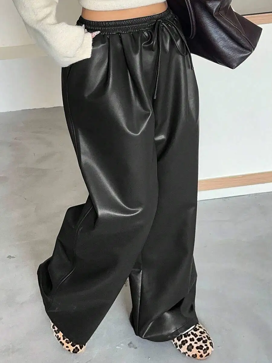 Dazy Plus Plus Size Women Loose Straight Leg PU Leather Pants With Drawstring Waist, Casual Street Style, Suitable For